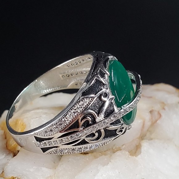Men's Unique Jewelry Natural Green Chalcedony Sterling Silver 925 Ring - Picture 6 of 8
